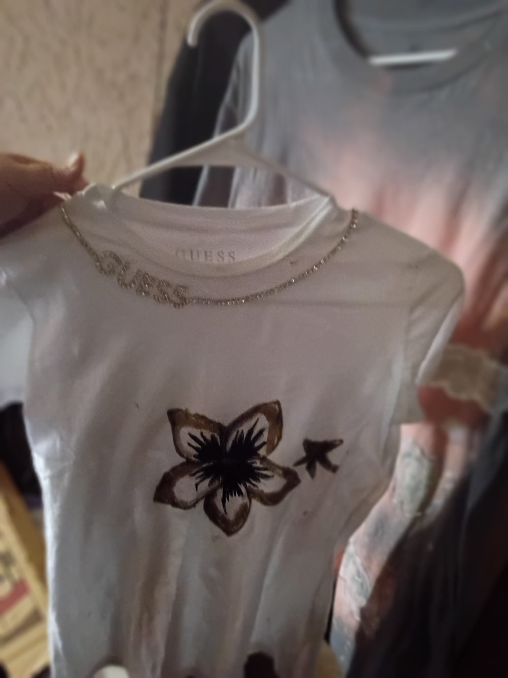 Guess White Tee with Brown Floral Graphic and Rhinestone Logo